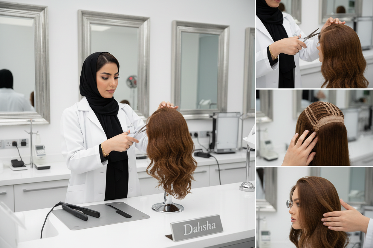 A high-end, ultra-realistic visual representing Dahsha’s final inspection and quality-control stage. A Saudi/Gulf-looking female technician is carefully cutting and styling a freshly constructed natural hair wig according to the desired design. Close-up shots show her hands adjusting the fibers, trimming the ends, and smoothing the hair with professional salon tools. Another frame shows a strict manual inspection: the technician gently pulls and checks individual strands to ensure root stability, examines c