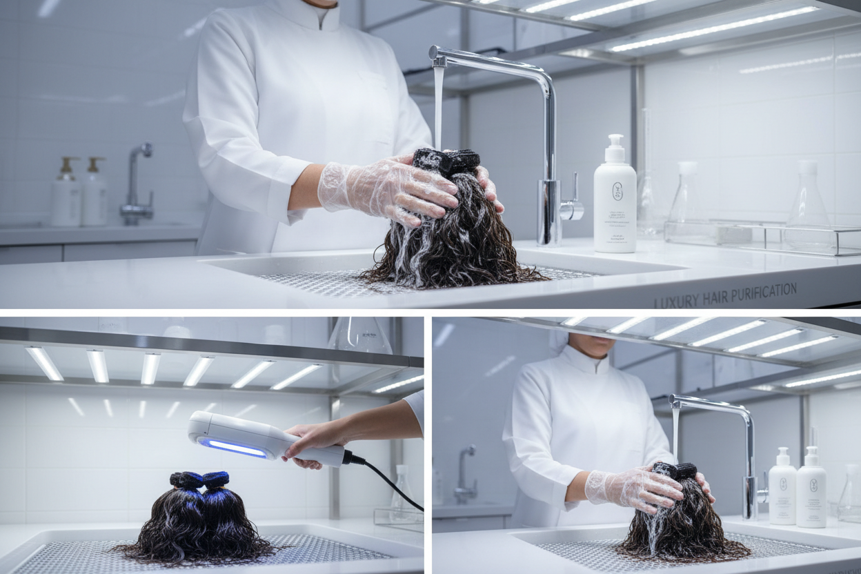 A luxury, high-end visual showcasing Dahsha’s premium hair-preparation process. Close-up shot of natural human hair bundles being gently washed in a professional beauty lab setting. A Saudi/Gulf-looking female technician wearing clean, minimal attire and latex gloves carefully cleanses the hair using sulfate-free and silicone-free shampoos. Water flow is soft and controlled, with delicate foam. Another frame shows the hair being sanitized using advanced, hygienic tools under bright, sterile lighting. Emphas