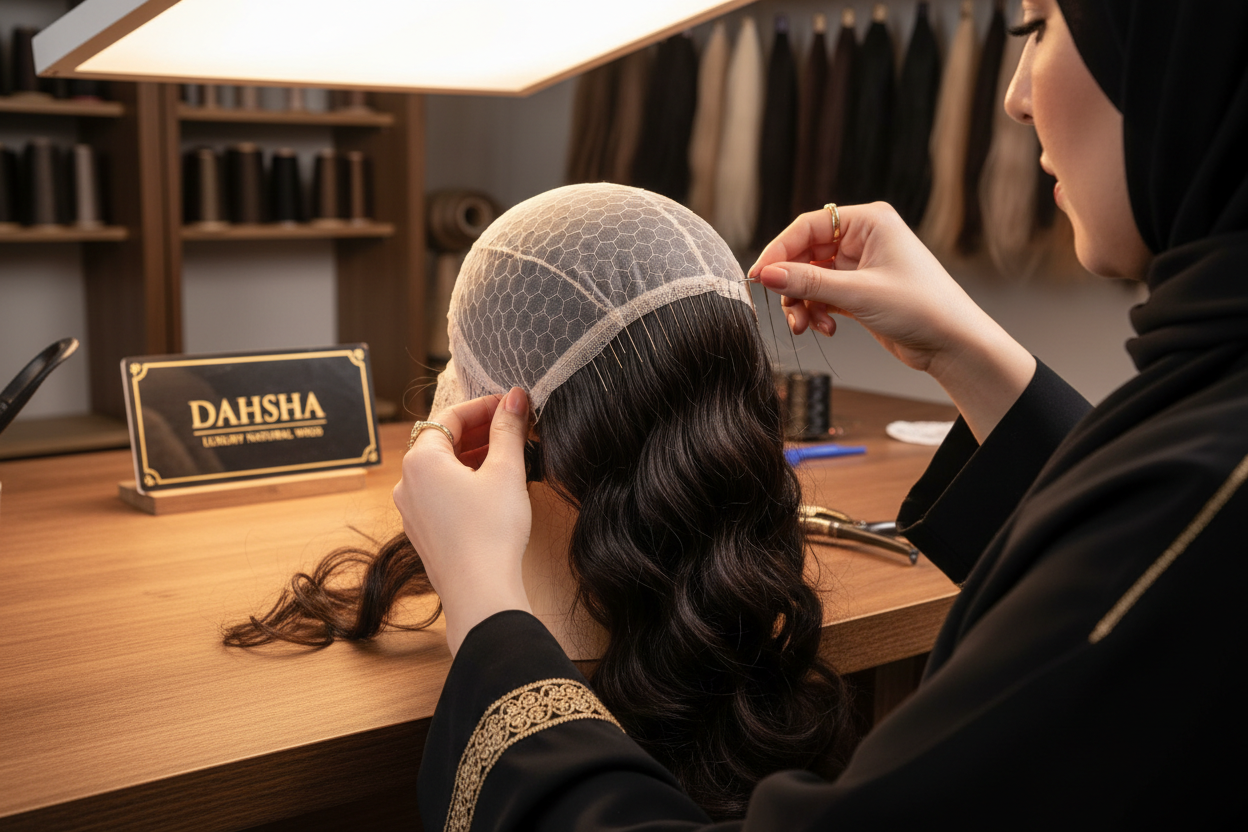 A luxury, ultra-realistic visual showing the meticulous construction of a Dahsha natural wig. A Saudi/Gulf-looking female wigmaker is hand-sewing a delicate lace or silk wig cap with extreme precision. Close-up shot of her hands inserting each individual strand of natural hair into the lace mesh, strand by strand, using professional ventilating needles. The lace appears lightweight, breathable, and almost invisible. The hair roots look natural, with realistic follicle direction and density. Soft studio ligh