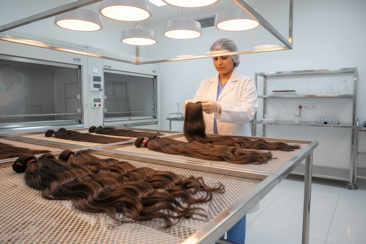 A premium, ultra-clean visual representing Dahsha’s natural hair preparation process. Natural human hair strands are being dried inside a sterile, temperature-controlled environment. Close-up shot of hair placed on stainless-steel mesh trays under soft, precise heat, preserving its natural shine. After drying, a Saudi/Gulf-looking female technician performs both visual and manual inspection—carefully touching, lifting, and examining each strand for smoothness and quality. Another frame shows the hair being 